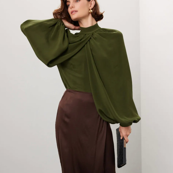 CO Olive Green Wrap Top MEDIUM Balloon Sleeve Career Mockneck Silk Designer $895 - Picture 1 of 11